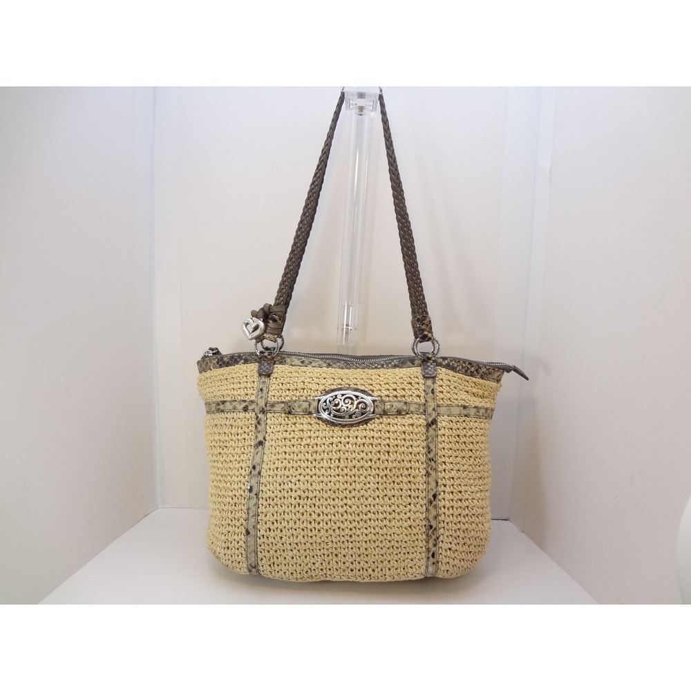 Brighton Straw Tote Bag Large Beige Excellent Snakeskin Trim Filigree
